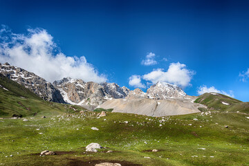 Idyllic summer landscape with hiking trail in the mountains with beautiful fresh green mountain...