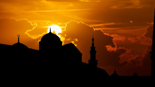 Umayyad Mosque: Time Lapse at Sunset with Red Sun and Fiery Clouds, Damascus, Syria