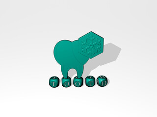 3D representation of TOOTH with icon on the wall and text arranged by metallic cubic letters on a mirror floor for concept meaning and slideshow presentation. dental and illustration