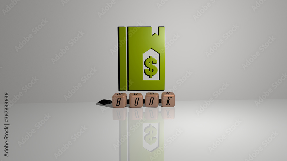Poster 3d graphical image of book vertically along with text built by metallic cubic letters from the top p
