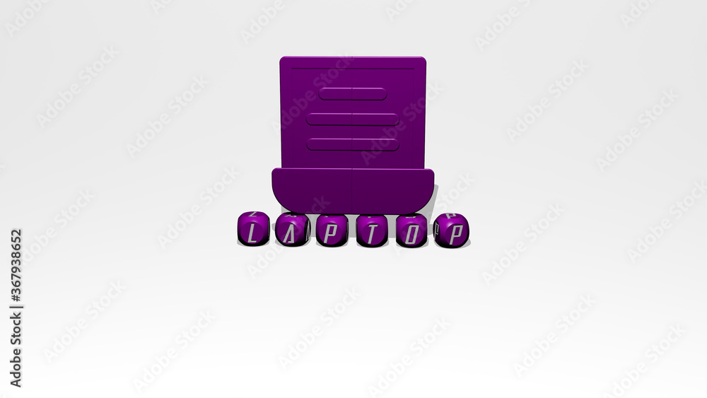 Poster 3d representation of laptop with icon on the wall and text arranged by metallic cubic letters on a m