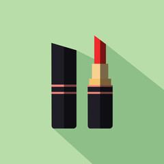 Red Lipstick Cosmetic Design Element Flat Linear Colored with Long Shadow on Green Background Vector Illustration
