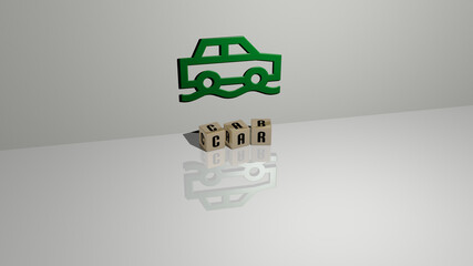 3D representation of car with icon on the wall and text arranged by metallic cubic letters on a mirror floor for concept meaning and slideshow presentation. illustration and auto