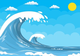 Fototapeta na wymiar Big ocean wave. Summer landscape with sun and cloud. Vector illustration in flat style