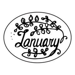 Vector illustration of word January in ellipse with floral elements. Lettering Sticker for calendar, planner, bullet journal. Black and white hand drawing, isolated design on white background