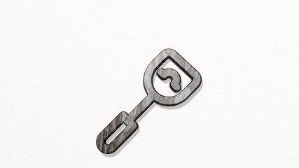 beer opener made by 3D illustration of a shiny metallic sculpture on a wall with light background. alcohol and beverage