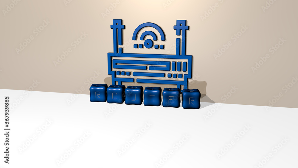 Poster 3d graphical image of router vertically along with text built by metallic cubic letters from the top