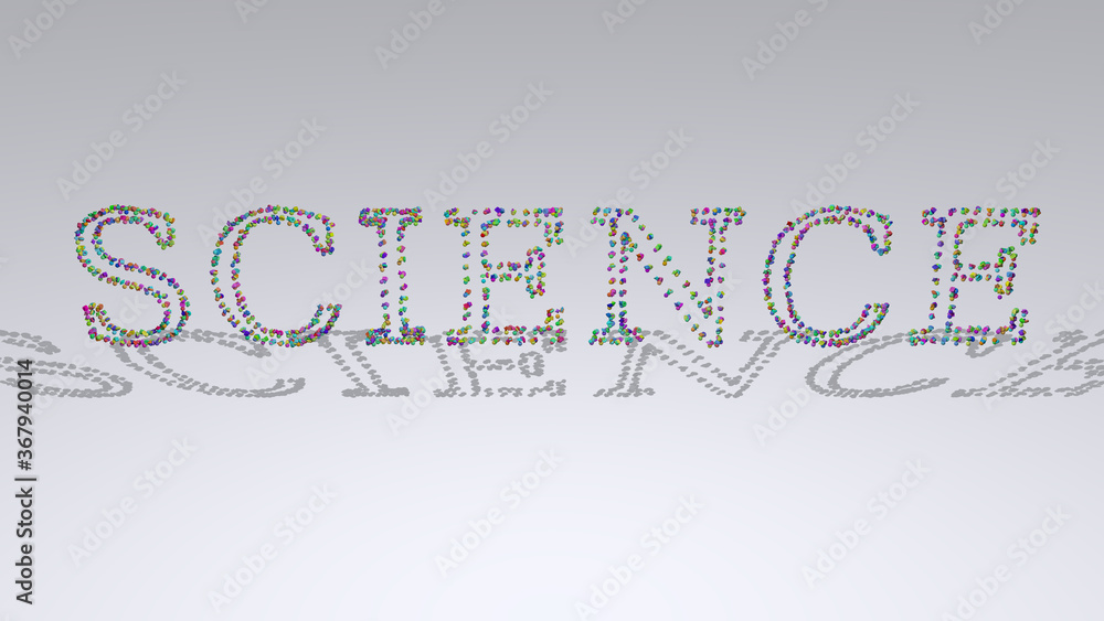Poster colorful 3d writting of science text with small objects over a white background and matching shadow.