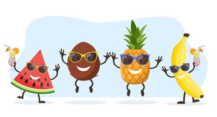 Funny watermelon, Coconut ,banana and pineapple character with human face and cocktail glass having fun at party. Colorful summer design. Vector illustration in flat style