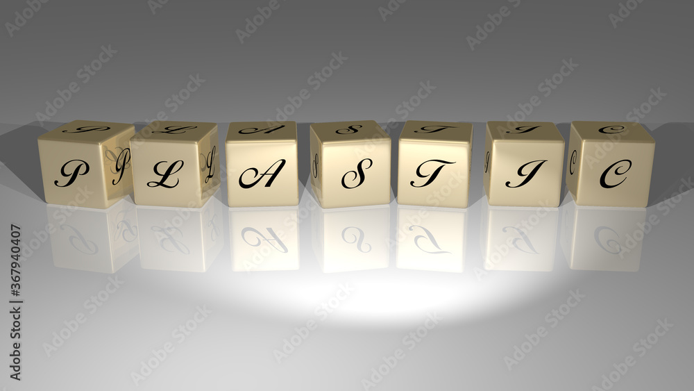 Poster 3d representation of plastic with icon on the wall and text arranged by metallic cubic letters on a 