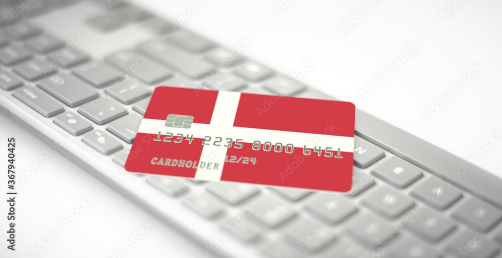 Poster bank card depicting flag of denmark on computer keyboard. fictional numbers