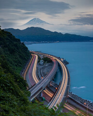 The combination of Suruga Bay, Tomei toll road, Fuji Yui Bypass, and Tokaido Main Line with the...
