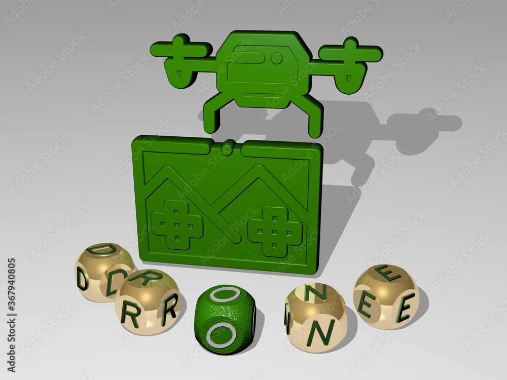 Poster 3D graphical image of DRONE vertically along with text built around the icon by metallic cubic letters from the top perspective, excellent for the concept presentation and slideshows. aerial and view