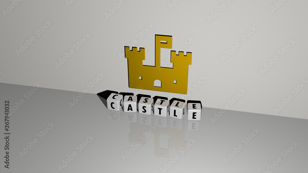 Poster 3d illustration of castle graphics and text made by metallic dice letters for the related meanings o