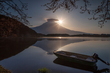 Beautiful sunrise and reflection of Mount Fuji at the spring season