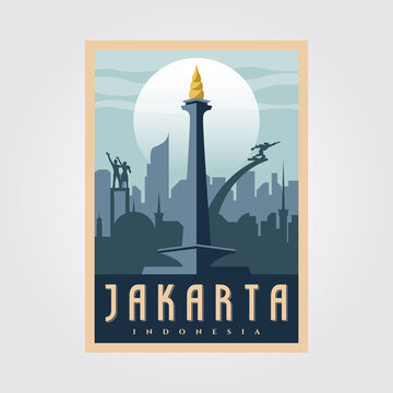 monument national jakarta vintage poster vector symbol illustration design