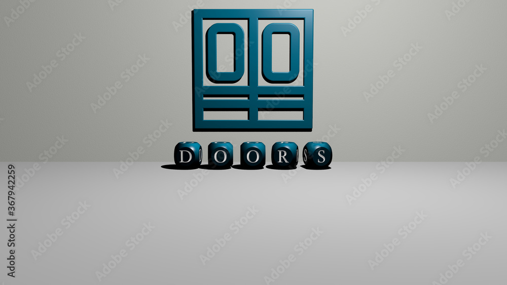 Poster 3d graphical image of doors vertically along with text built by metallic cubic letters from the top 