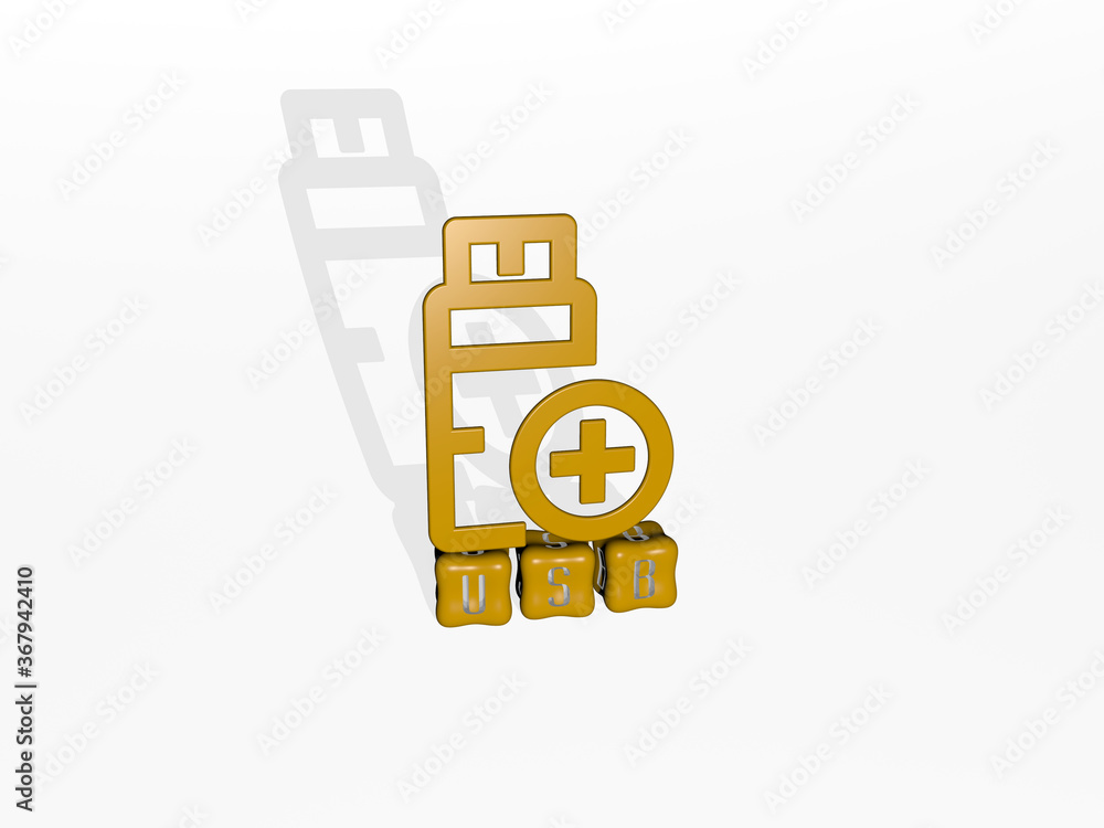 Poster 3d illustration of usb graphics and text made by metallic dice letters for the related meanings of t