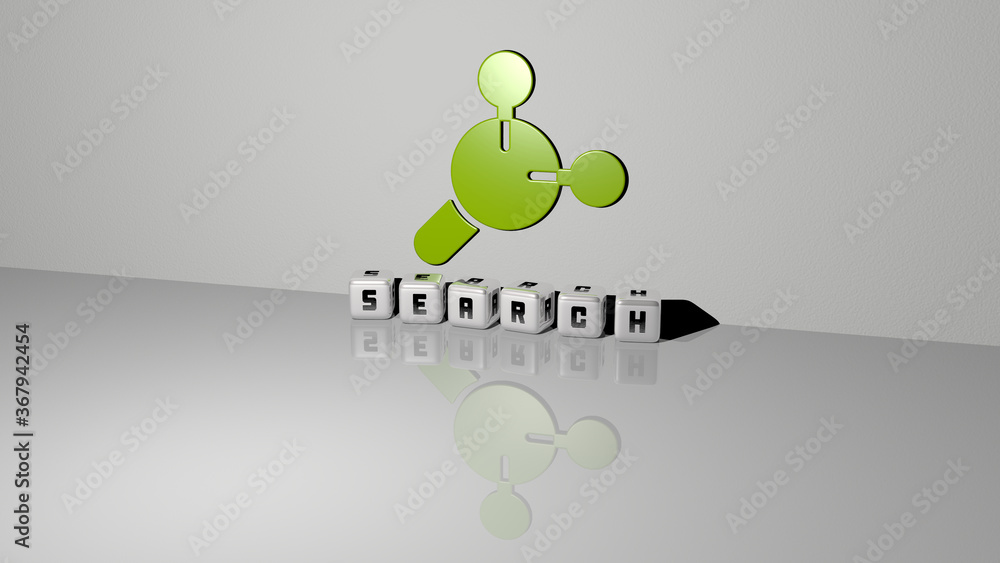 Poster 3d representation of search with icon on the wall and text arranged by metallic cubic letters on a m