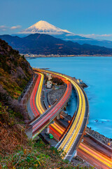 The combination of Suruga Bay, Tomei toll road, Fuji Yui Bypass, and Tokaido Main Line with the...