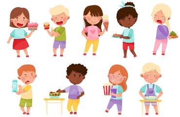 Kid Characters Showing Likes and Dislikes Towards Different Food Vector Illustration Set