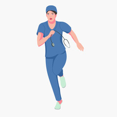 Vector graphic illustration of a female doctor or nurse running with stethoscope. Responsive, emergency concept