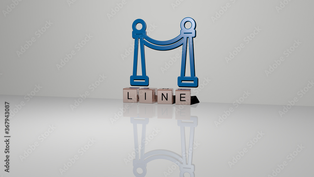 Poster 3d representation of line with icon on the wall and text arranged by metallic cubic letters on a mir