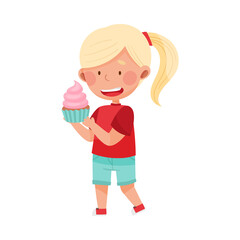 Happy Girl Character Showing Like Towards Cupcake Vector Illustration