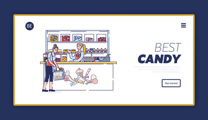 Candy shop website landing page with cartoon woman buying tasty candies in confectionary store