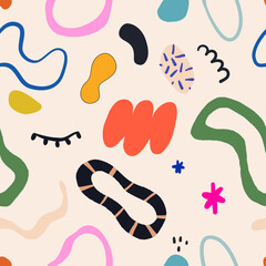 Trendy seamless colorful summer pattern. Hand drawn various shapes abstract illustration. Creative collage seamless pattern.