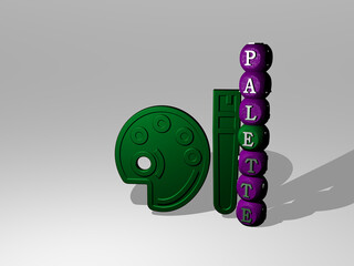 3D representation of PALETTE with icon on the wall and text arranged by metallic cubic letters on a mirror floor for concept meaning and slideshow presentation. background and color