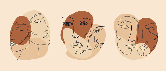 Fototapeta Trendy vector set of illustrations in minimal linear style. Face continuous line art.  obraz