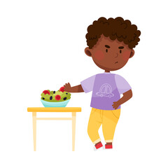 Unhappy African American Boy Character Showing Dislike Towards Vegetable Salad Vector Illustration