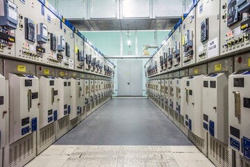 ULYANOVSK, RUSSIA - SEPTEMBER 27, 2018: Empty room with controllers at high voltage electric power...