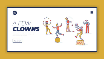 Landing page with group of cartoon clowns on white background. Circus characters for website