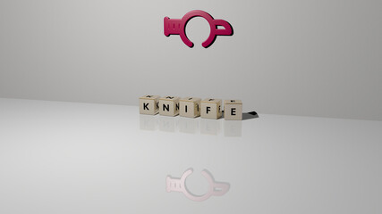 3D illustration of KNIFE graphics and text made by metallic dice letters for the related meanings of the concept and presentations. background and fork