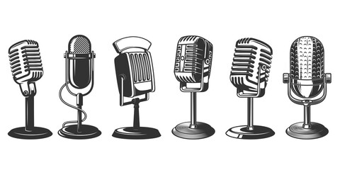 Set of illustrations of retro microphone isolated on white background. Design element for poster, card, banner, logo, label, sign, badge, t shirt. Vector illustration - obrazy, fototapety, plakaty