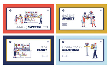Candy shop landing pages set with adults and children buying tasty sweets