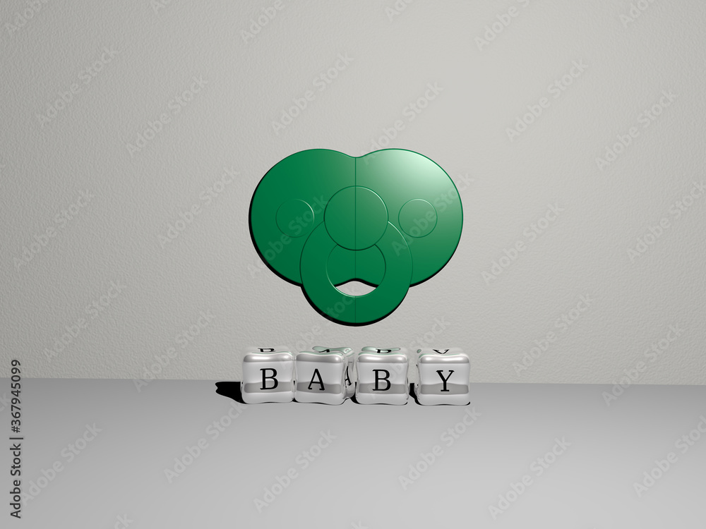 Poster 3d graphical image of baby vertically along with text built by metallic cubic letters from the top p