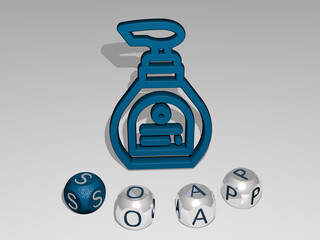 3D illustration of soap graphics and text around the icon made by metallic dice letters for the related meanings of the concept and presentations. background and bubbles
