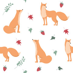 Vector seamless pattern with cute cartoon foxes and floral elements