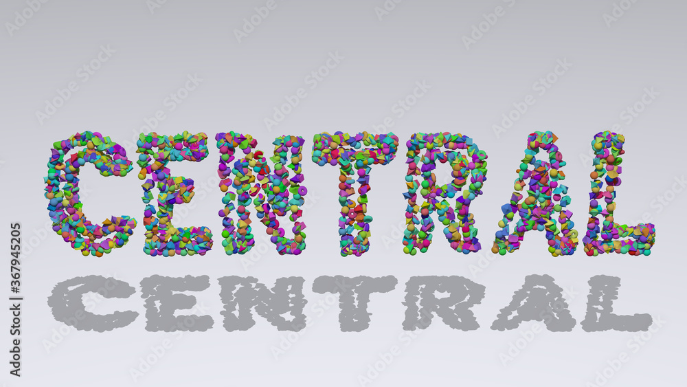 Poster central written in 3d illustration by colorful small objects casting shadow on a white background. c