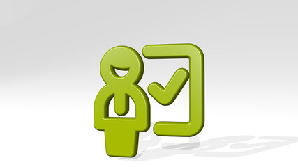 school teacher correct from a perspective with the shadow. A thick sculpture made of metallic materials of 3D rendering. illustration and education