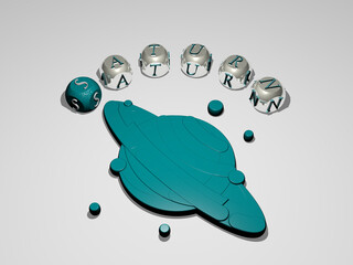 3D illustration of saturn graphics and text around the icon made by metallic dice letters for the related meanings of the concept and presentations. planet and space