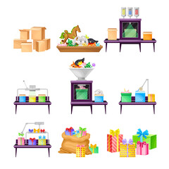 Gift Production and Wrapping with Carton Boxes on Conveyor Belt Vector Illustration Set