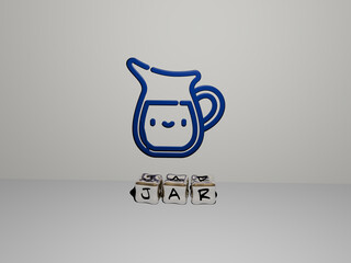 3D representation of JAR with icon on the wall and text arranged by metallic cubic letters on a mirror floor for concept meaning and slideshow presentation. background and glass