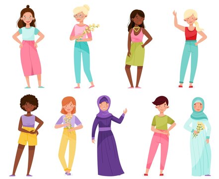 Happy Women Wearing Different Clothes and with Different Hairstyle in Standing Pose Vector Illustration Set