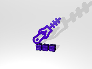 3D representation of zip with icon on the wall and text arranged by metallic cubic letters on a mirror floor for concept meaning and slideshow presentation. illustration and background