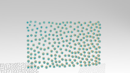 STARS IN SHAPES on the wall. 3D illustration of metallic sculpture over a white background with mild texture. abstract and blue