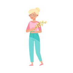 Young Woman with Blonde Hair and Summer Clothing Standing and Holding Flower Bouquet Vector Illustration